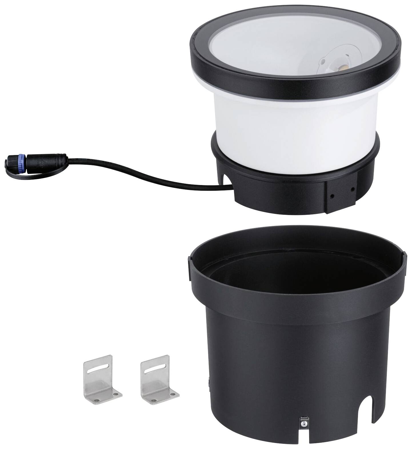 Ein rundes, schwarzes LED-Unterwasserlicht mit abnehmbarem Schutzgehäuse, Kabelanschluss und zwei Befestigungsclips.