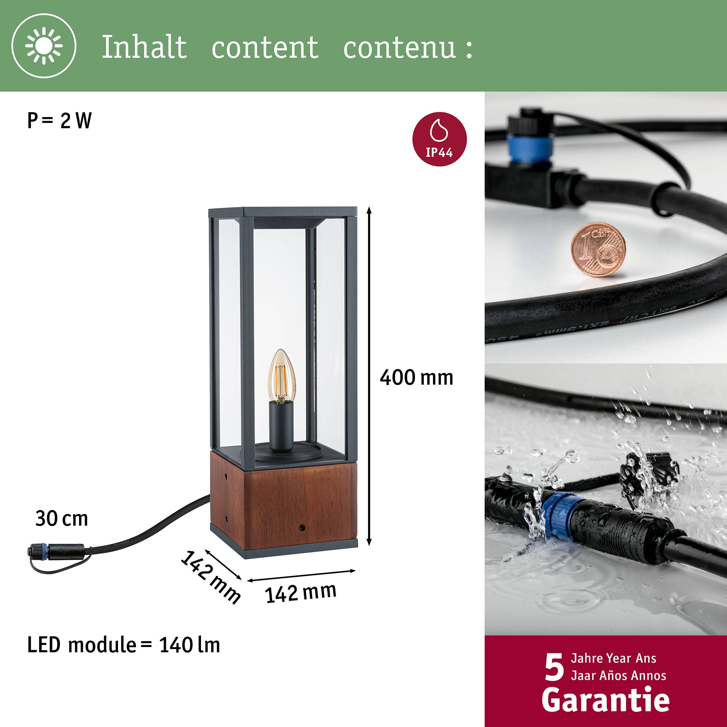 'Außenleuchte mit Glasgehäuse und LED-Modul, Maße: 30 cm x 14,2 cm x 40 cm, 2 W Leistung, IP44-Schutz, 5 Jahre Garantie, 140 lm Helligkeit.'