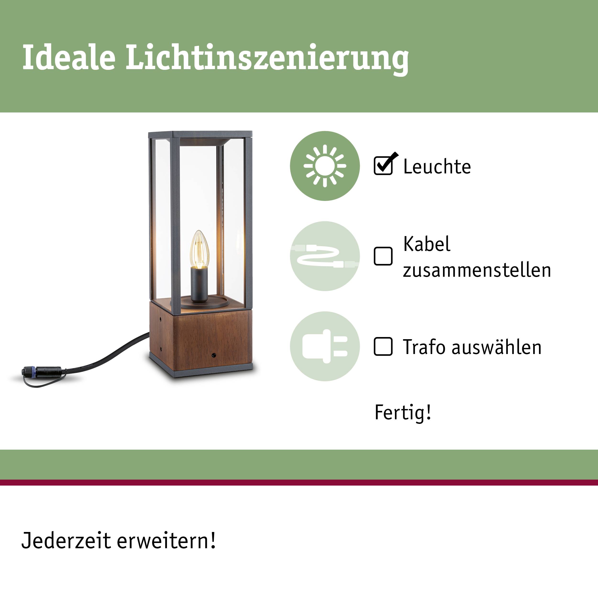 'Ideale Lichtinszenierung' zeigt eine Lampe und Symbole mit Text. Schritte: Leuchte, Kabel zusammenstellen, Trafo auswählen. Abschließend: Fertig!