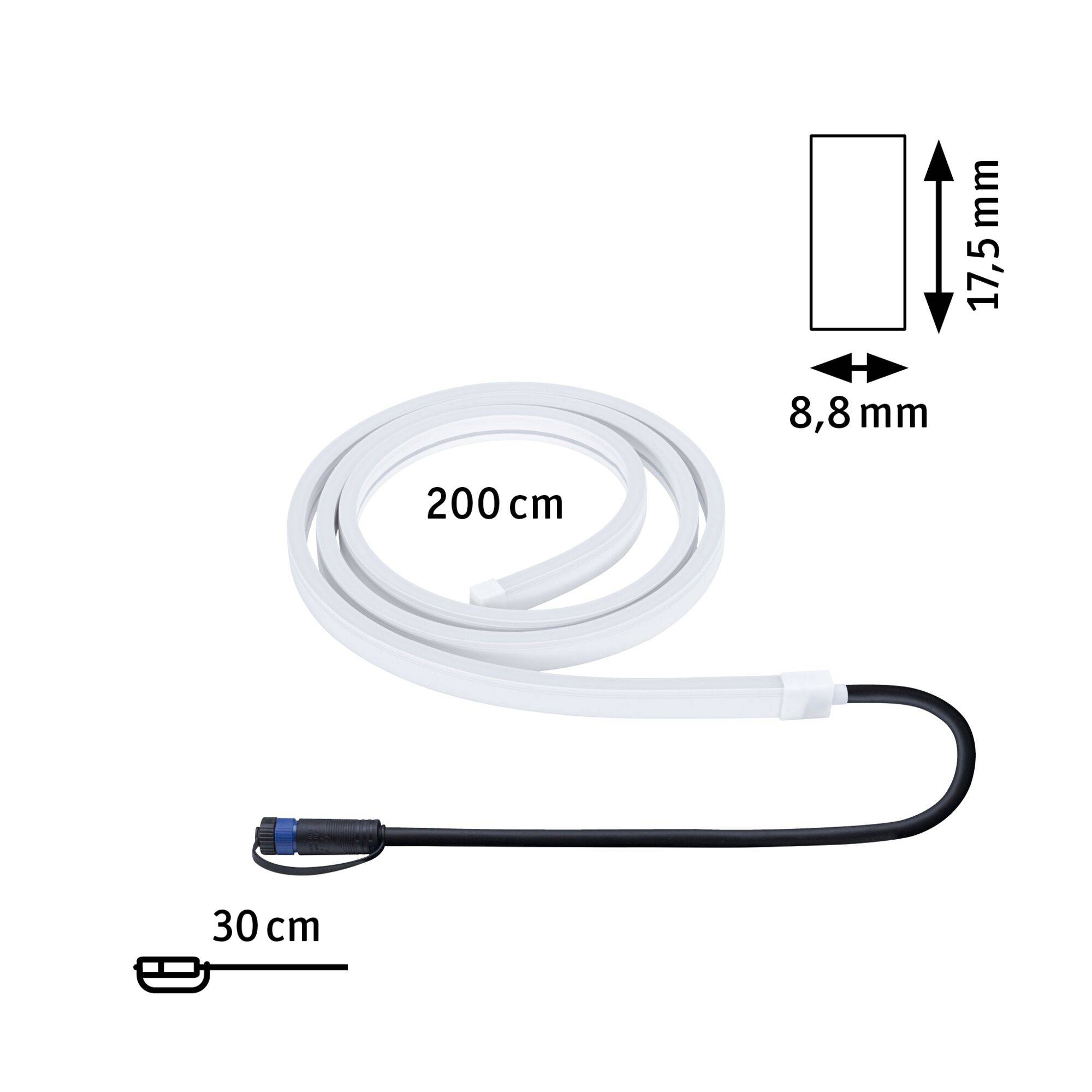 Weißer LED-Streifen, 200 cm lang, mit schwarzem Kabel, 30 cm lang. Maße: 8,8 mm x 17,5 mm.