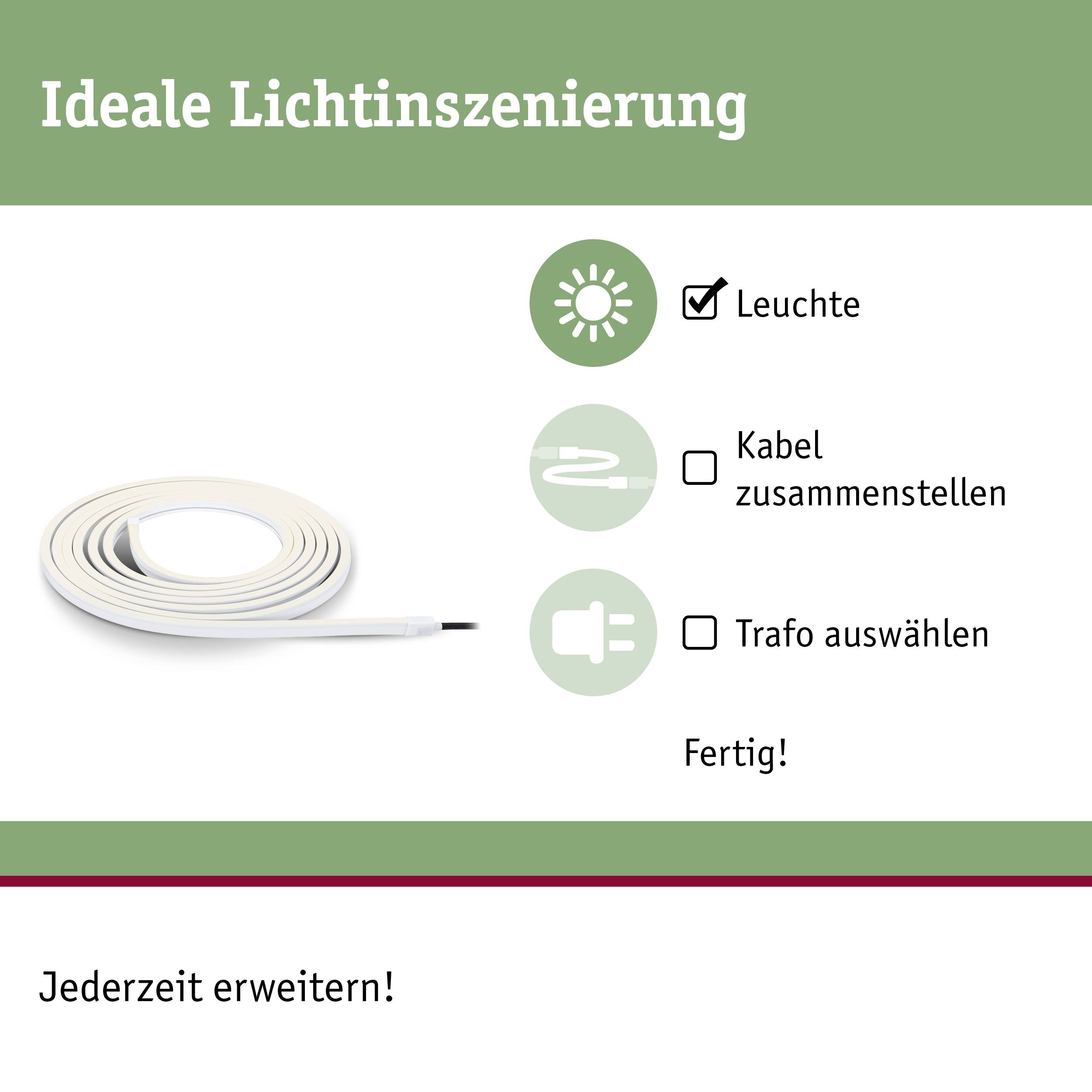 'Ideale Lichtinszenierung' beschreibt einen Lichtstreifen, der durch Zusammenstellen von Kabel und Trafo einsatzbereit gemacht wird.