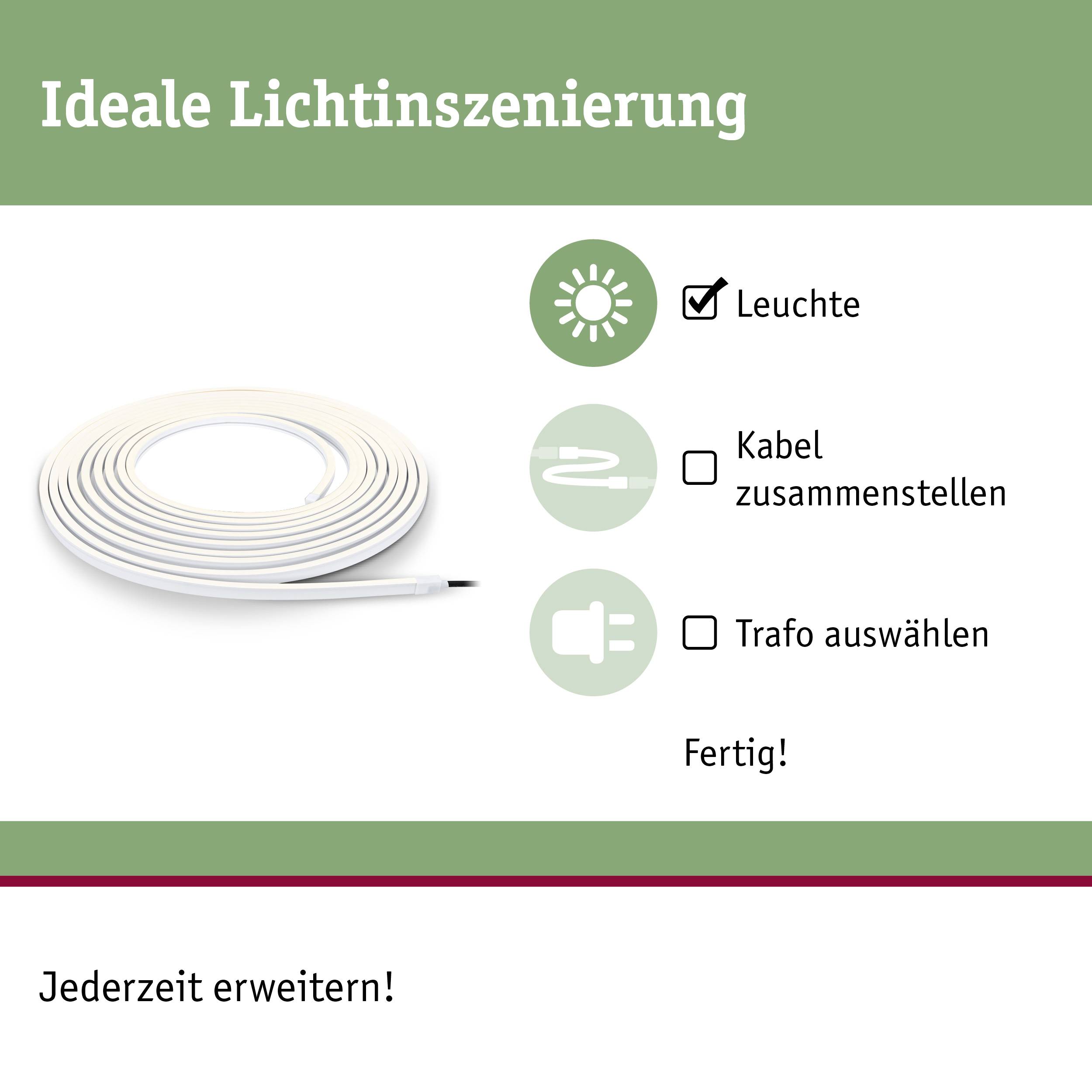 'Ideale Lichtinszenierung' zeigt ein LED-Band mit Icons für Leuchte, Kabel, Trafo. Text: Leuchte, Kabel zusammenstellen, Trafo auswählen, Fertig!