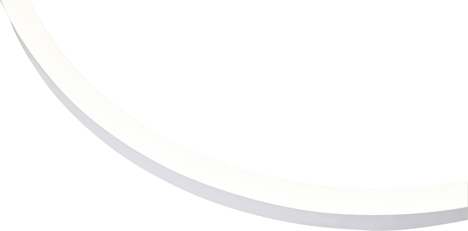 Gebogenes, weißes, horizontales Lichtband auf weißem Hintergrund; möglicherweise ein Teil eines modernen Lampendesigns.