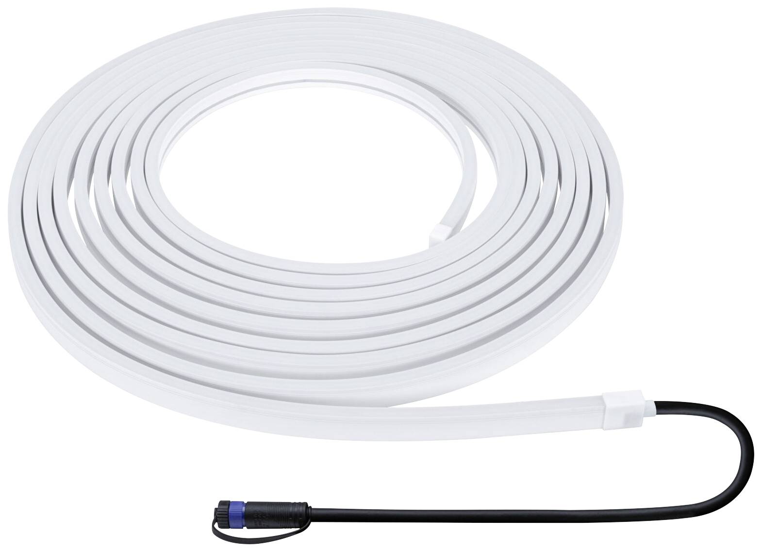 Flaches, weißes Satellitenkabel mit einem schwarzen Stecker am Ende, aufgerollt und bereit zur Installation.