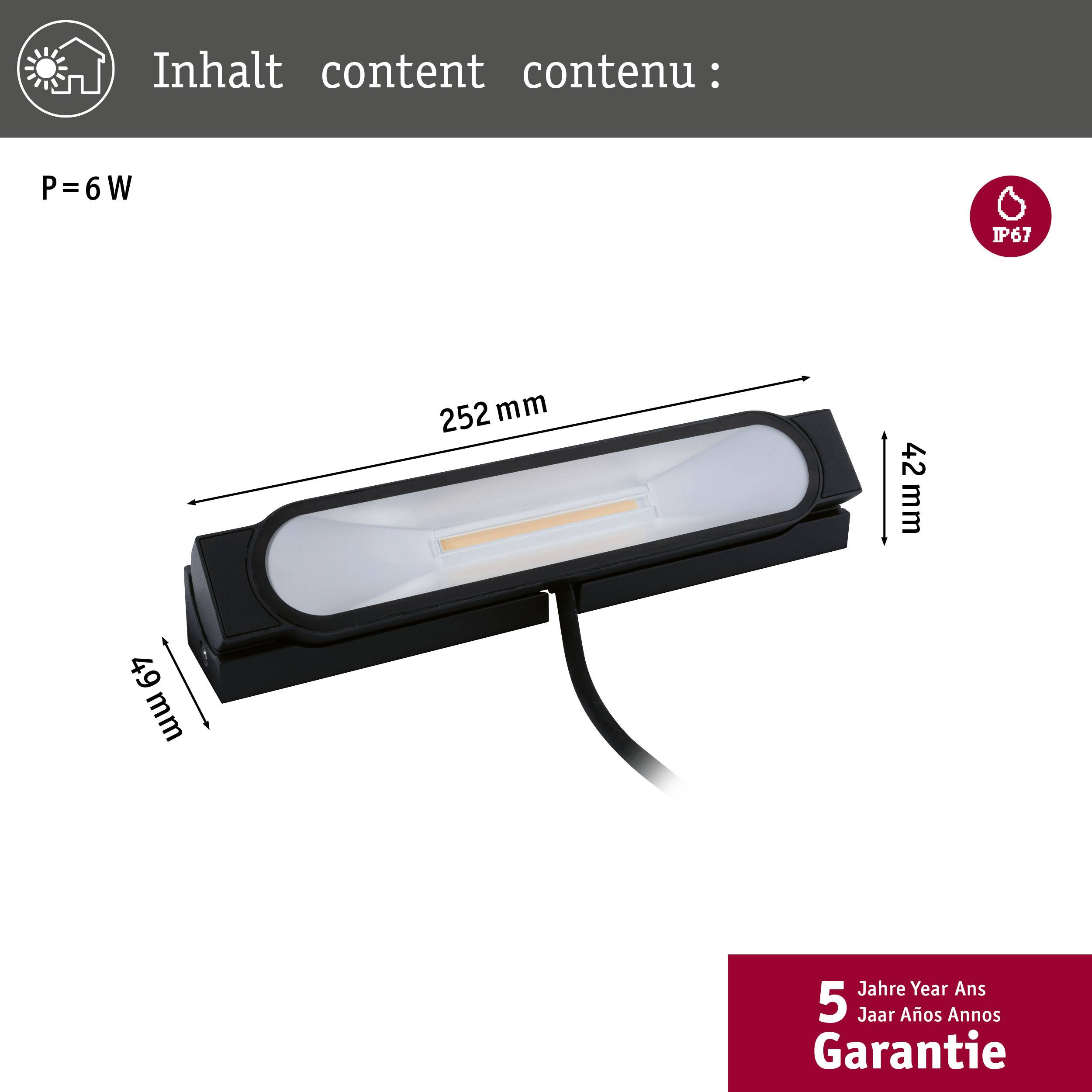 Schwarze LED-Leuchte mit 6W Leistung. Maße: 252 mm Länge, 42 mm Höhe, 49 mm Breite. Wasserfest (IP67). 5 Jahre Garantie.