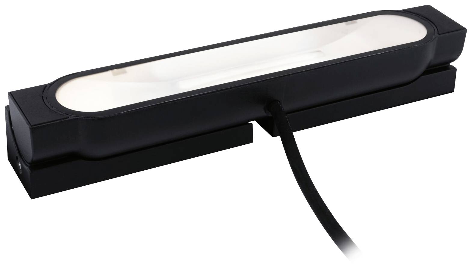 Eine rechteckige, schwarze LED-Leuchte mit Kabel, horizontal ausgerichtet. Sie strahlt ein gleichmäßiges weißes Licht aus.