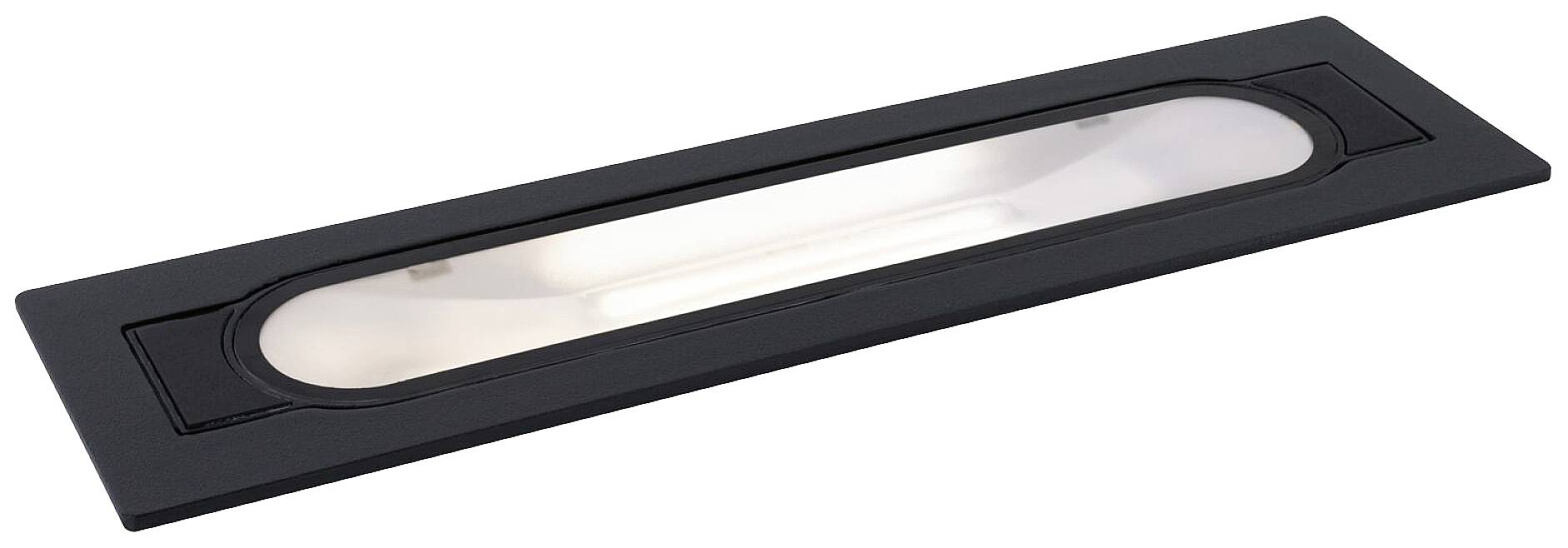 Schwarze, rechteckige Einbauleuchte mit ovalem, mattem Glas in der Mitte, geeignet für den Innenbereich, bietet dezentes Licht.