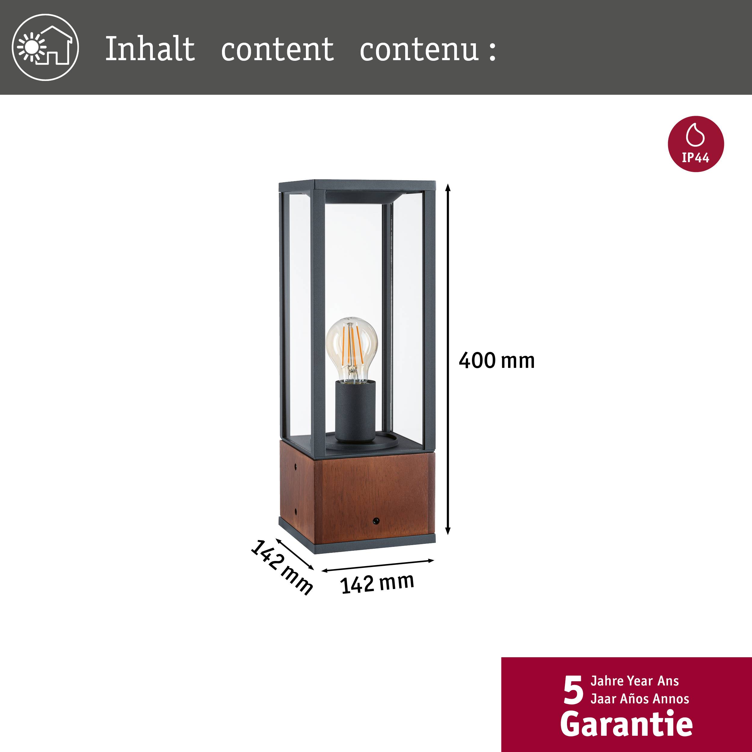 Eine rechteckige Außenlampe zeigt Maße von 142 mm x 142 mm x 400 mm. IP44-Schutz. 5 Jahre Garantie wird hervorgehoben.