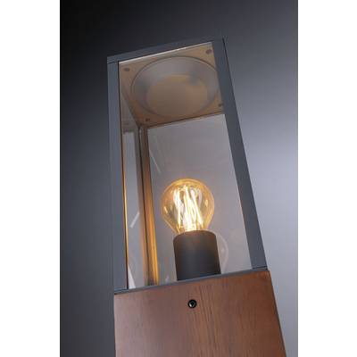 Eine moderne Lampe mit sichtbarer Glühbirne innerhalb eines rechteckigen Glasrahmens auf dunklem Hintergrund.