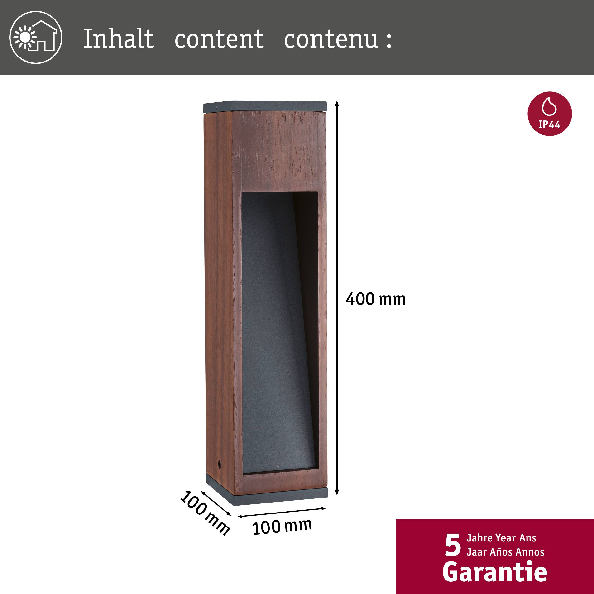 Eine braune Stehleuchte mit den Maßen 100 mm x 100 mm x 400 mm, geeignet für den Außenbereich mit IP44-Schutzart, 5 Jahre Garantie.