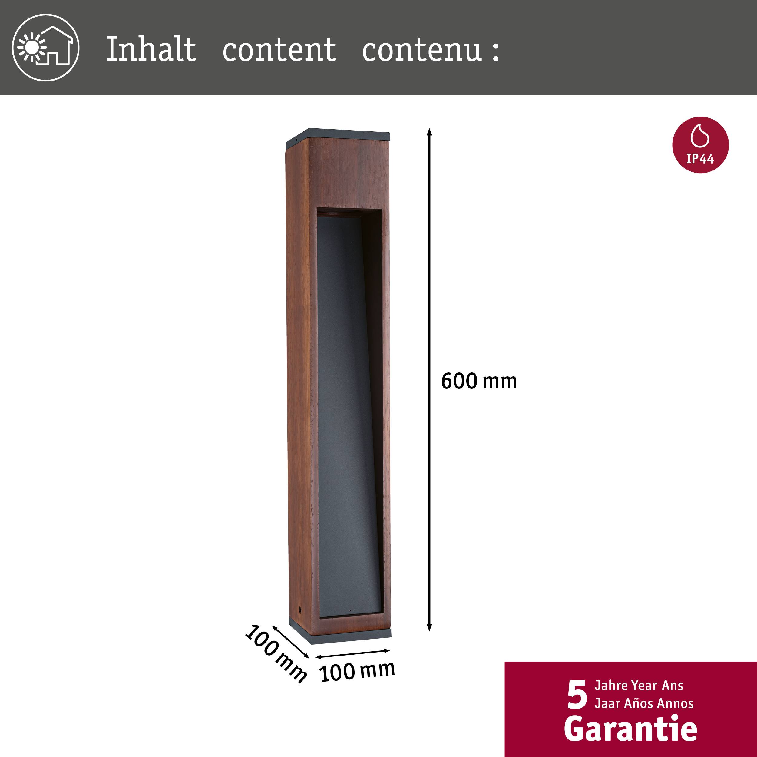 Holzgefertigte Stehleuchte, 600 mm hoch, mit quadratischer Basis. Enthält IP44-Schutz und 5 Jahre Garantie.