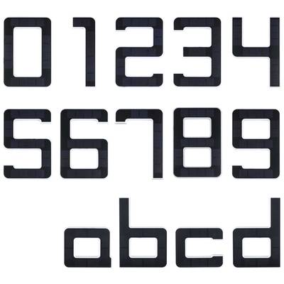 Ziffern und Buchstaben im digitalen Stil: '01234' auf der ersten Reihe, 'S6789' auf der zweiten, 'abcd' auf der dritten.