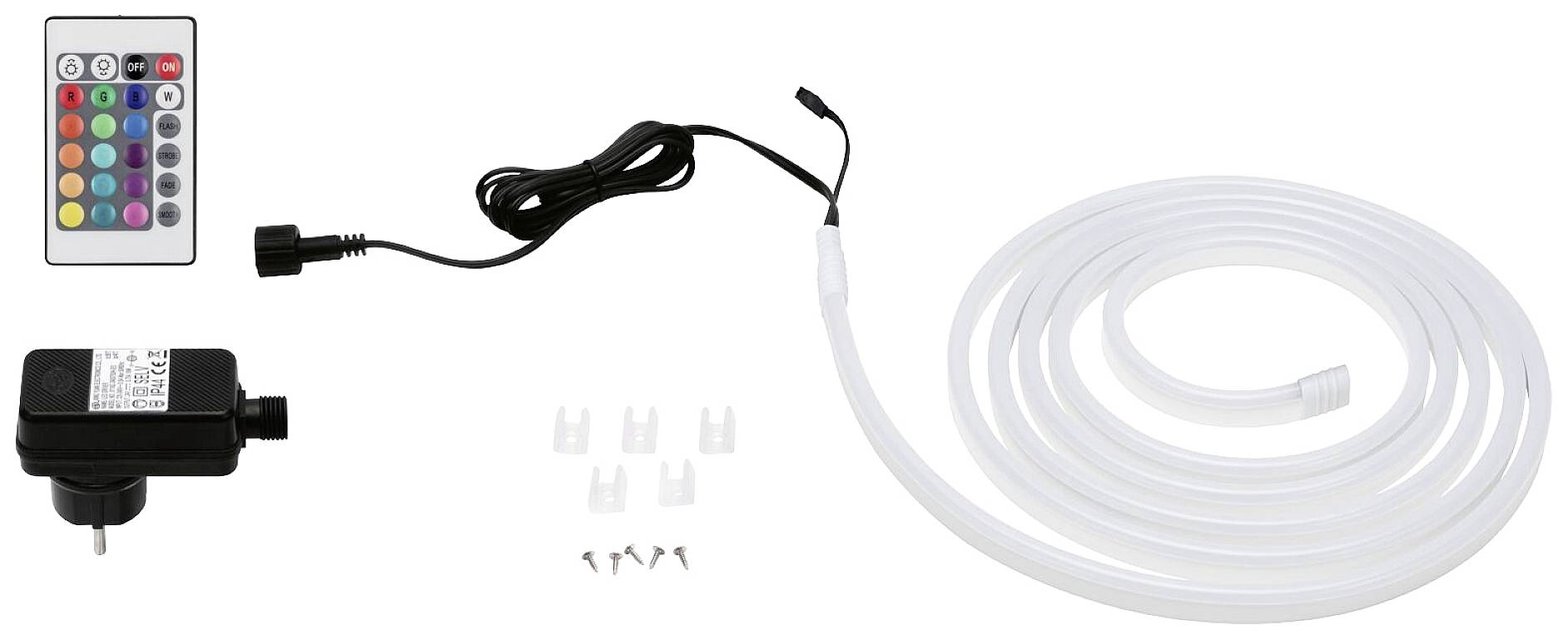Fernbedienung, Netzteil und LED-Lichtschlauch-Set. Enthält Befestigungsclips und Schrauben zur Installation.