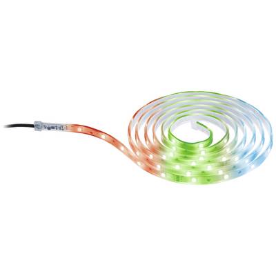 LED-Lichtstreifen mit mehrfarbigen leuchtenden Segmenten in Rot, Grün und Blau, angeordnet in einer Spirale auf weißem Hintergrund.