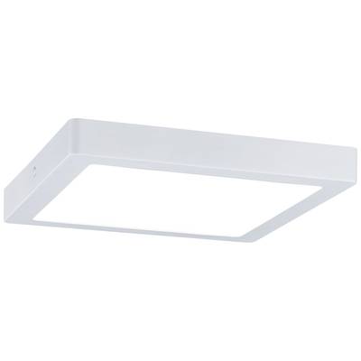 Flache, quadratische Deckenleuchte, weißes Gehäuse, leuchtet hell. Geeignet für moderne Innenräume.
