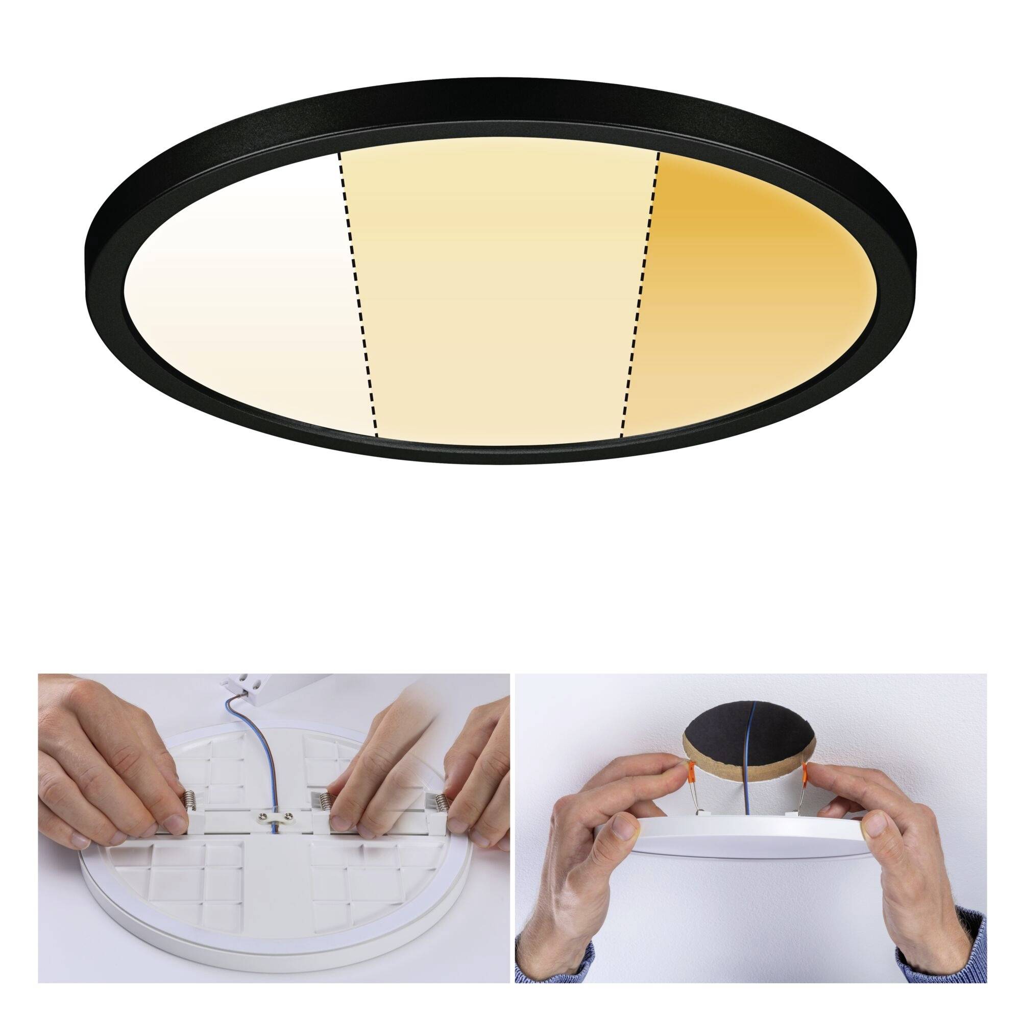 Runde Deckenleuchte mit dimmbarem, zweifarbigem Licht. Zeigt Installation durch Anschluss von Kabeln und Befestigung an der Decke.