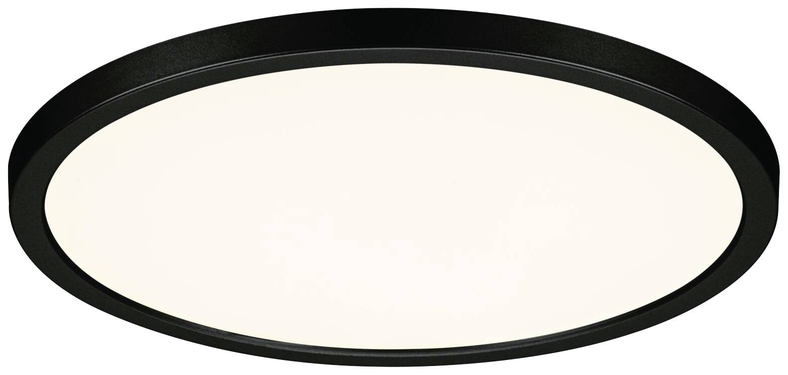 Runde Deckenleuchte mit schwarzem Rahmen und weißer Leuchtfläche. Modernes Design für gleichmäßige, blendfreie Beleuchtung.
