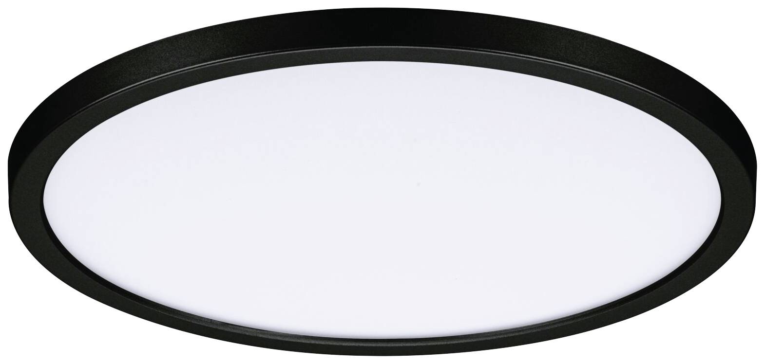 Runde Deckenleuchte mit schwarzem Rahmen und leuchtender, weißer Fläche. Minimalistisches Design für moderne Innenräume.