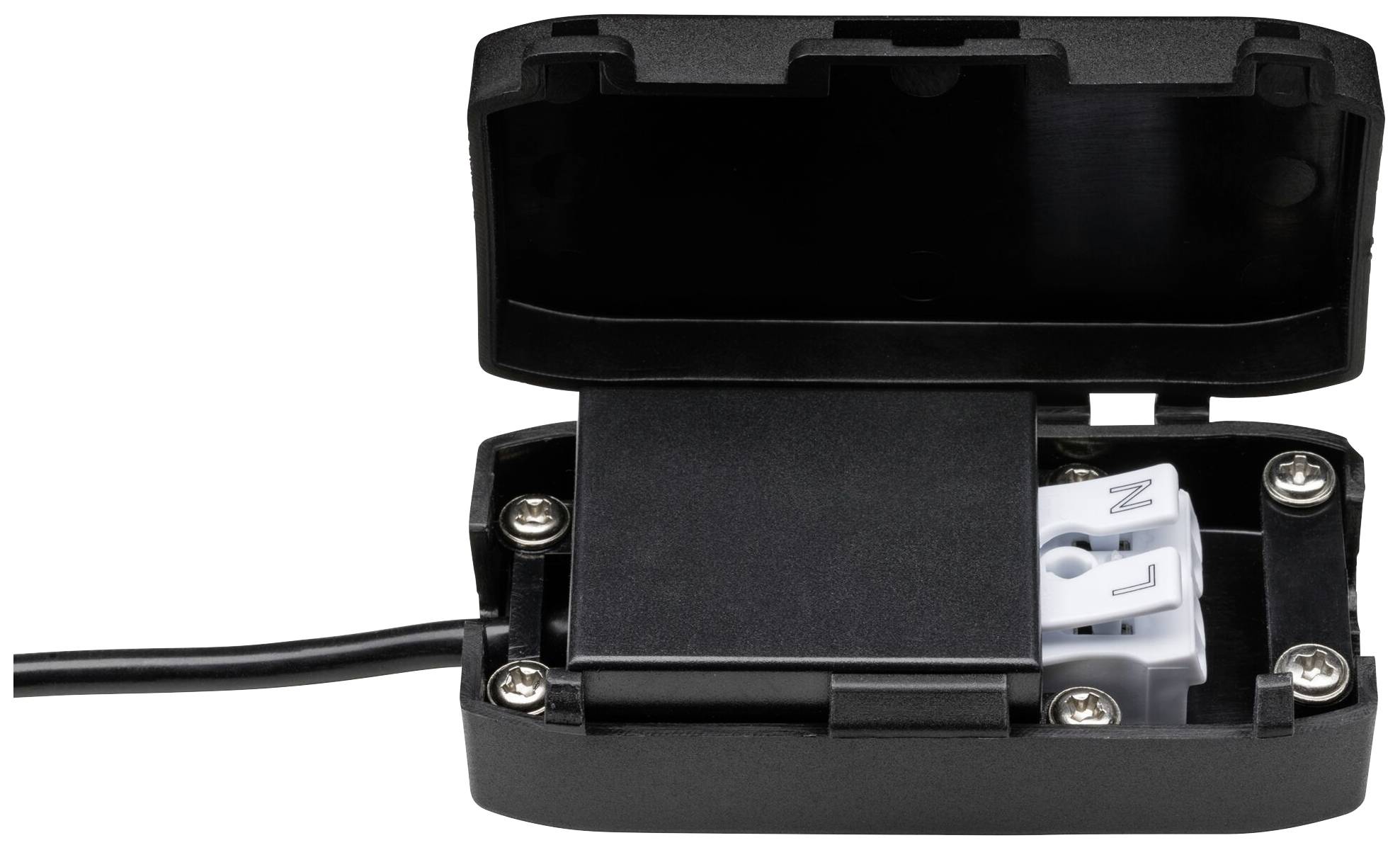 Schwarze Anschlussdose mit geöffnetem Deckel, zeigt Kabelanschluss und Schraubklemmen im Inneren, für elektrische Verbindungen.