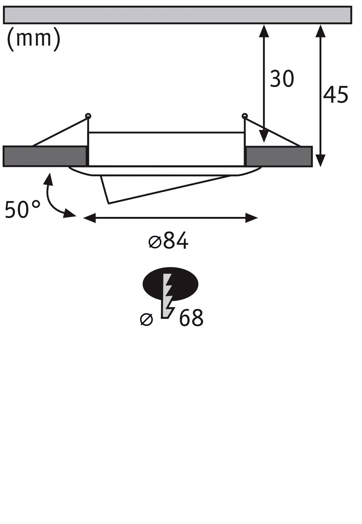 Diagramm einer Leuchte mit den Maßen: 30mm Tiefe, 45mm Höhe, 84mm Breite. 50° Winkel. Einbaumaß: 68mm. Symbole für Schnittstellenspezifikationen.