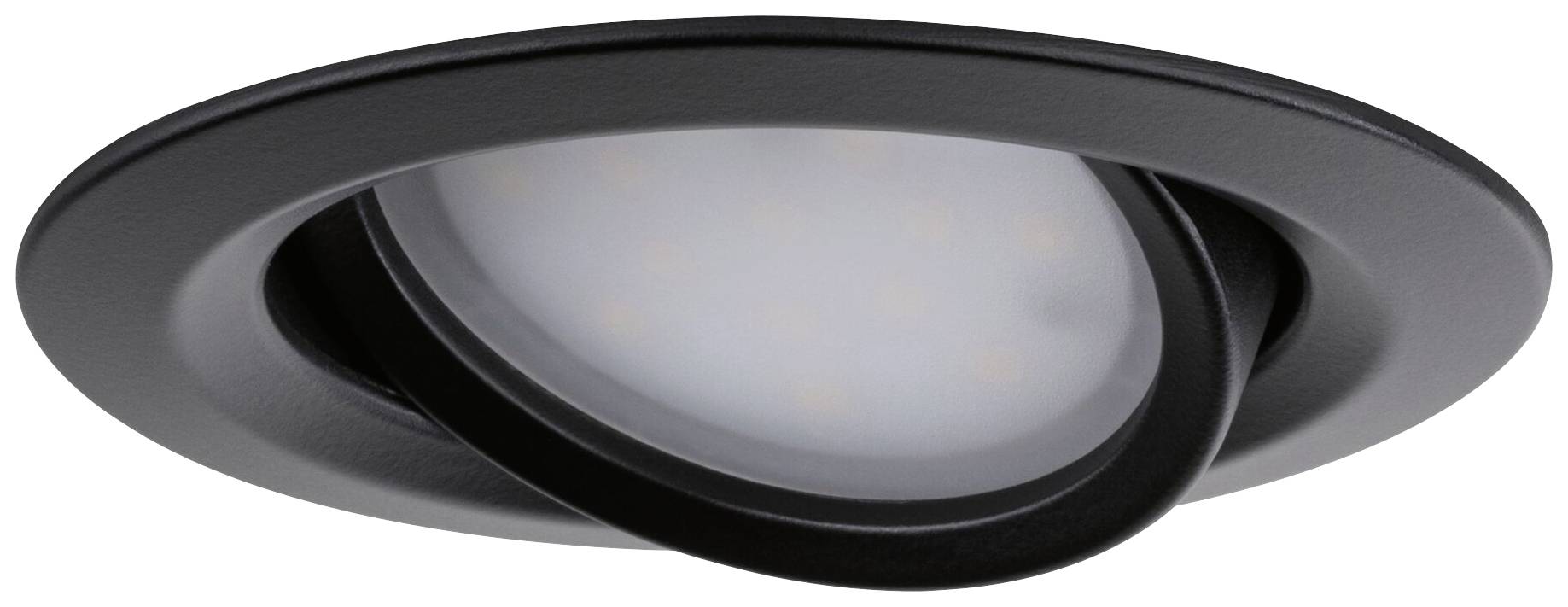 Schwarze, einstellbare LED-Deckenleuchte, leicht gekippt, für indirekte Beleuchtung in modernen Innenräumen geeignet.