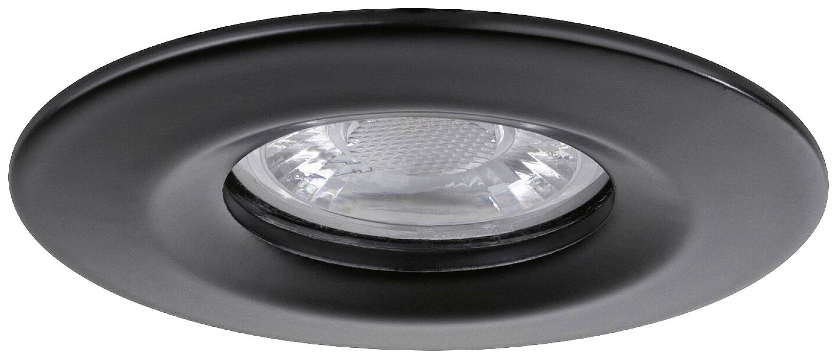 Schwarzer, runder LED-Deckeneinbaustrahler mit zentralem, durchsichtigen Leuchtmittel. Modernes Design für Innenraumbeleuchtung.