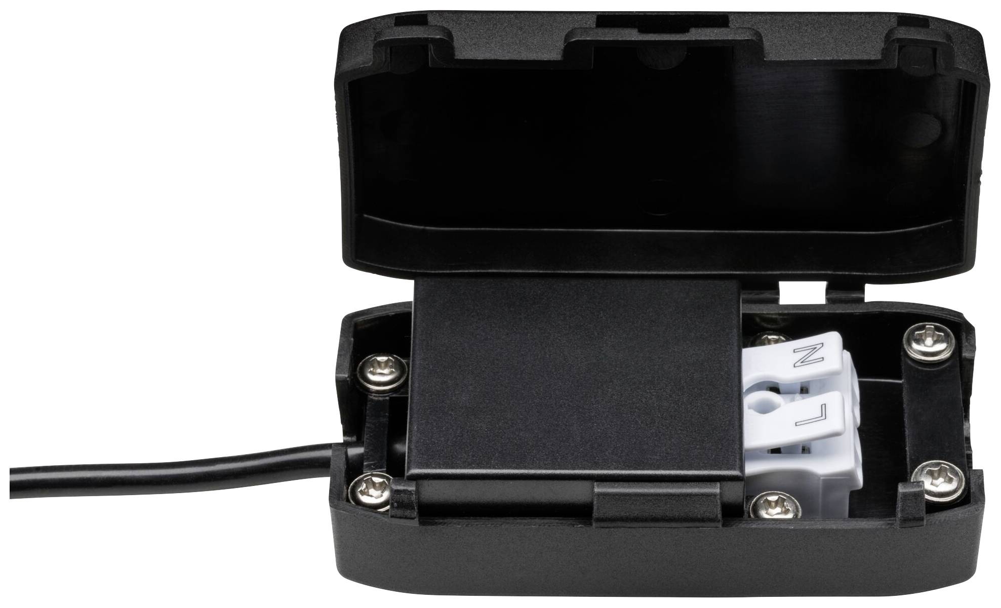 Schwarze elektrische Anschlussdose mit geöffnetem Deckel, innen sichtbare Kabelklemmen und Schrauben.