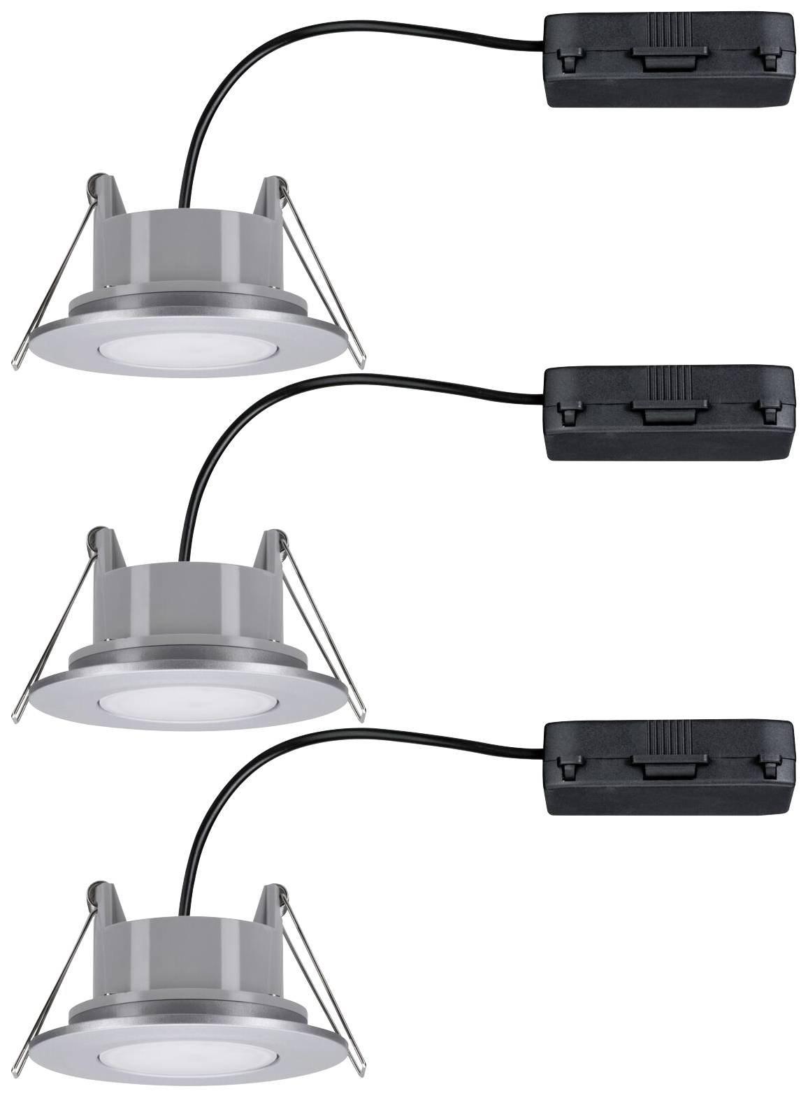 Drei runde LED-Deckeneinbauleuchten mit schwarzen Anschlussboxen, vertikal ausgerichtet. Ideal für moderne Beleuchtungslösungen.