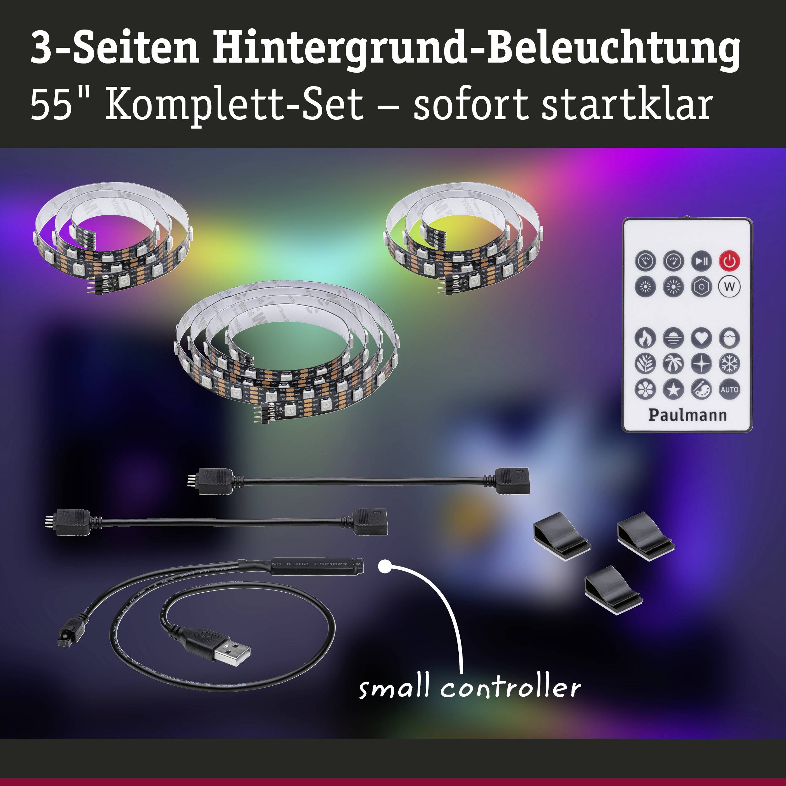 3-Seiten Hintergrundbeleuchtung Set für 55-Zoll TVs. Enthält drei LED-Streifen, eine Fernbedienung, Kabel und Controller. Sofort startklar.
