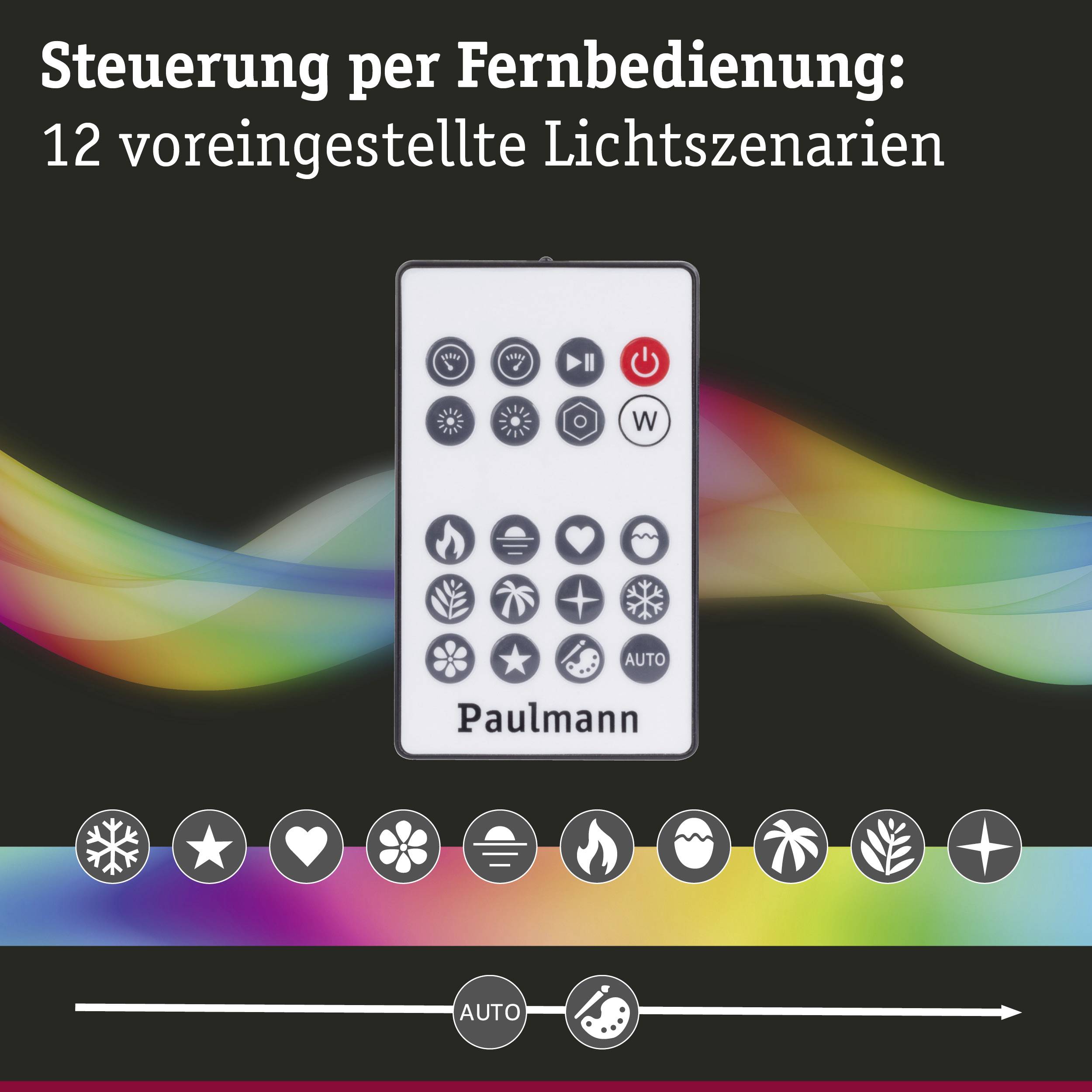 Fernbedienung zur Steuerung von 12 voreingestellten Lichtszenarien, darunter Farben und Effekte, von Paulmann.