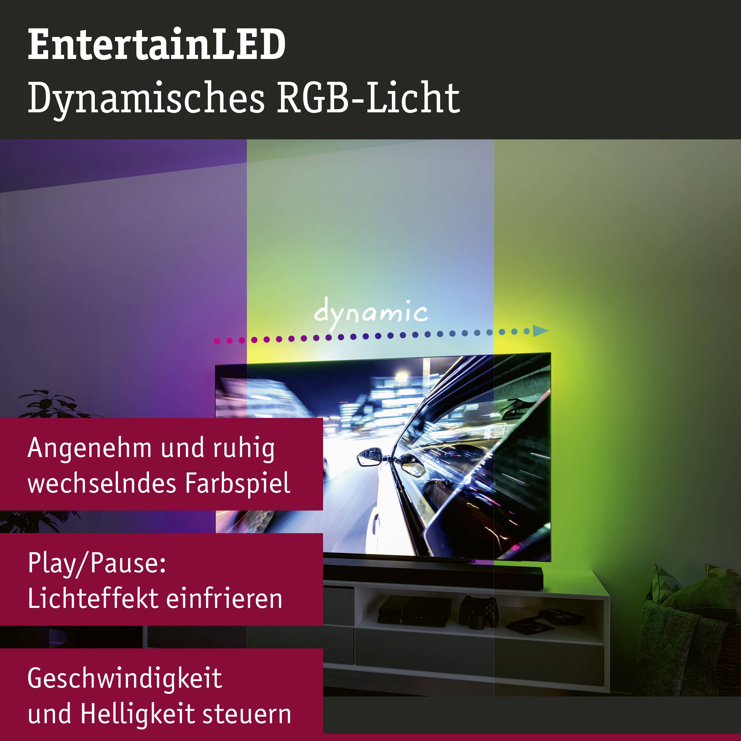 EntertainLED Werbung für RGB-Licht. Verschiedene Farbmodi werden beworben: dynamisch, gleichmäßig, einfrieren, Geschwindigkeit ändern.