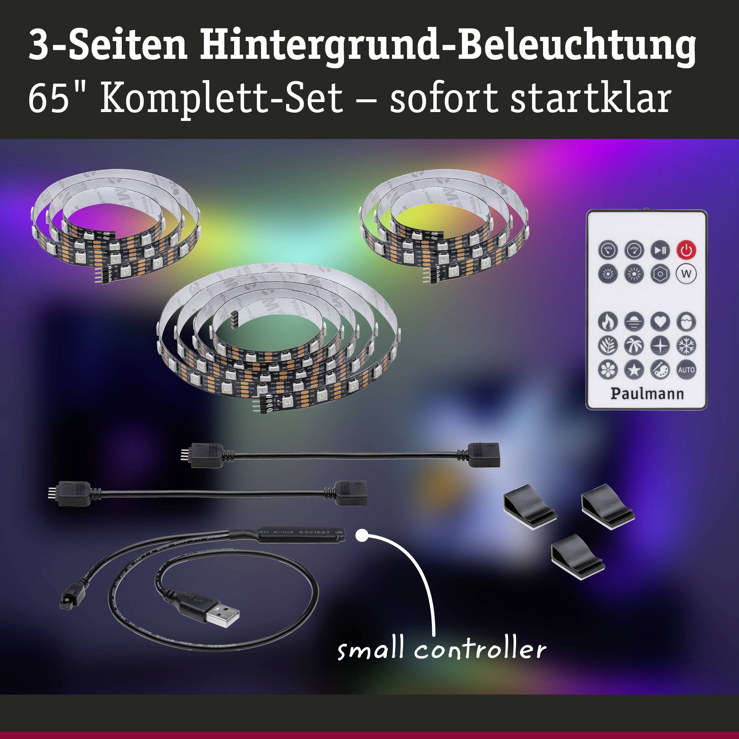 '3-Seiten Hintergrund-Beleuchtung, 65'' Komplett-Set - sofort startklar.' Abgebildet sind LED-Streifen, Fernbedienung und Controller.