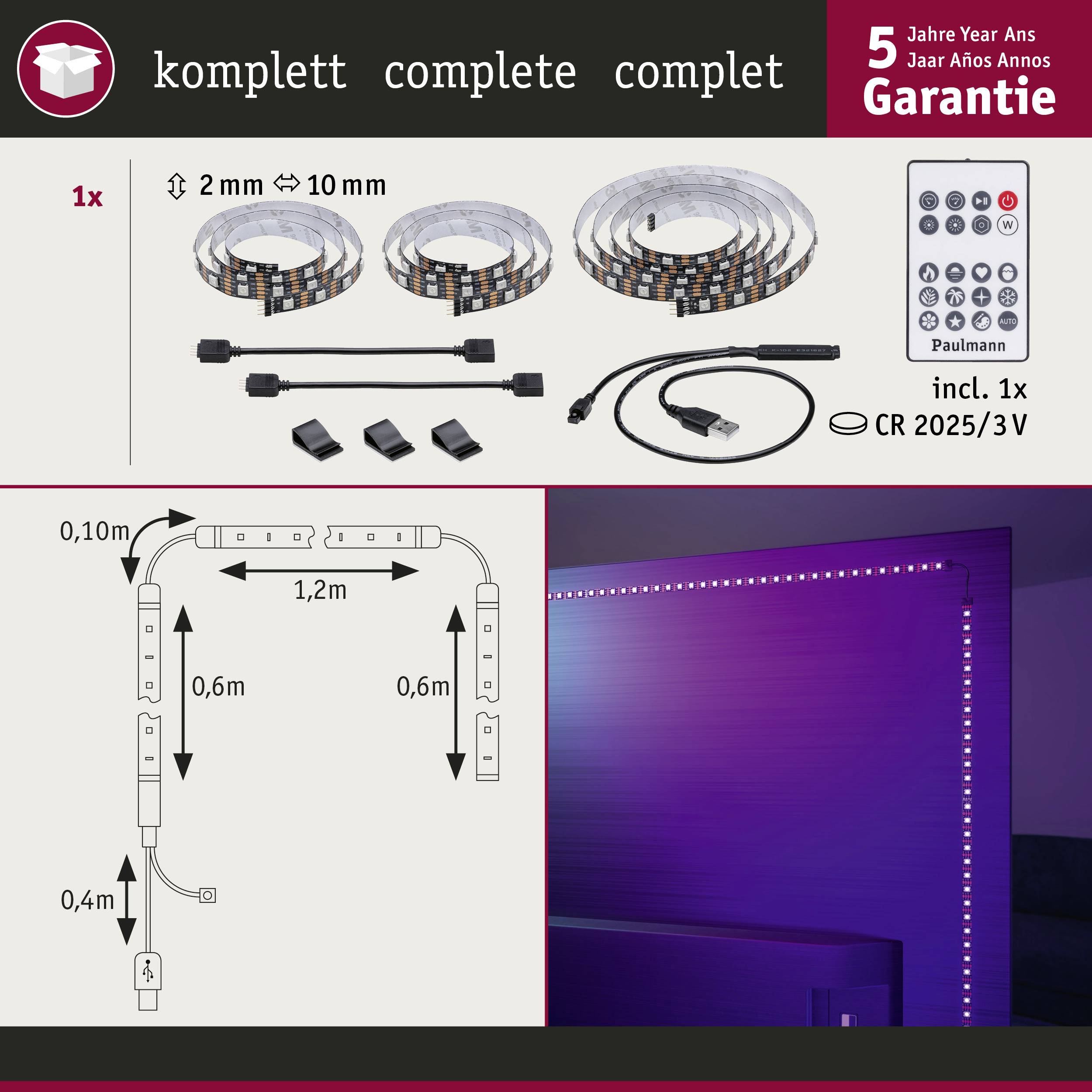 'LED-Lichtstreifen-Set mit Fernbedienung und Adaptern. 5 Jahre Garantie. Installationsdiagramm zeigt Abmessungen und Montagemöglichkeiten.'