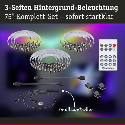 '3-Seiten Hintergrund-Beleuchtung, 75" Komplett-Set, sofort startklar' zeigt LED-Streifen, Fernbedienung und Zubehörteile.