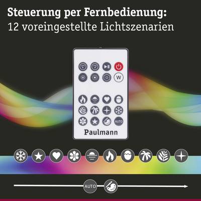 'Steuerung per Fernbedienung: 12 voreingestellte Lichtszenarien.' Bild einer Fernbedienung mit Symbolen für verschiedene Lichtmodi, umgeben von bunten Lichtstreifen.