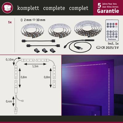 LED-Streifen-Set mit Fernbedienung und Zubehör zur Wandmontage. Abbildungen zeigen Installation und Lichtwirkung an der Wand.