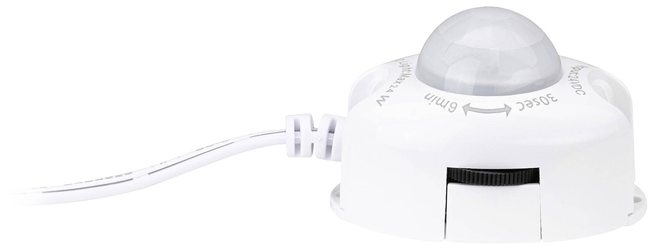 Ein weißer Bewegungssensor mit einem Kabel und einem 360°-Erfassungsbereich. Geeignet für Sicherheits- oder Beleuchtungssysteme.