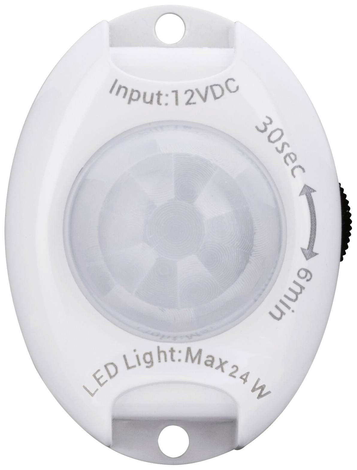 Bewegungssensor mit Zeit-Einstellskala. Beschriftungen: 'Input: 12VDC', 'LED Light: Max 24W', Zeitintervall von 30 Sekunden bis 6 Minuten.