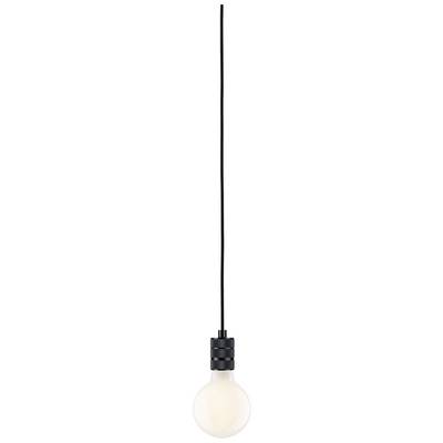 Eine einzelne hängende Glühbirne mit schwarzem Kabel und Fassung, die leuchtet.