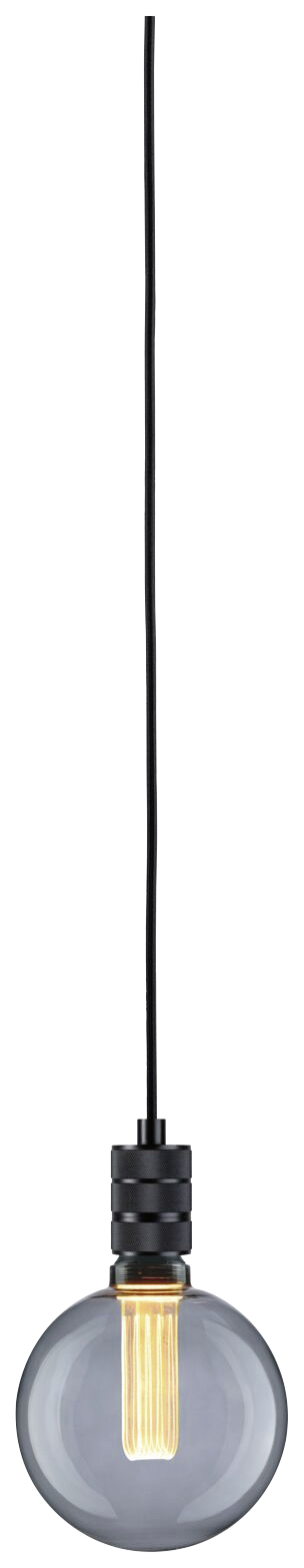 Eine hängende Glühbirne mit schwarzem Kabel. Die Glühbirne leuchtet warm und hat ein modernes, minimalistisches Design.