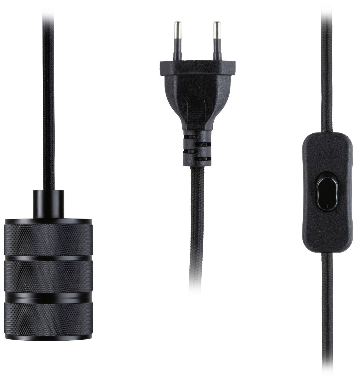 Schwarzer Lampenhänger mit Schalter und EU-Stecker, geeignet zum Aufhängen von Glühbirnen. Ideal zur flexiblen Beleuchtung.