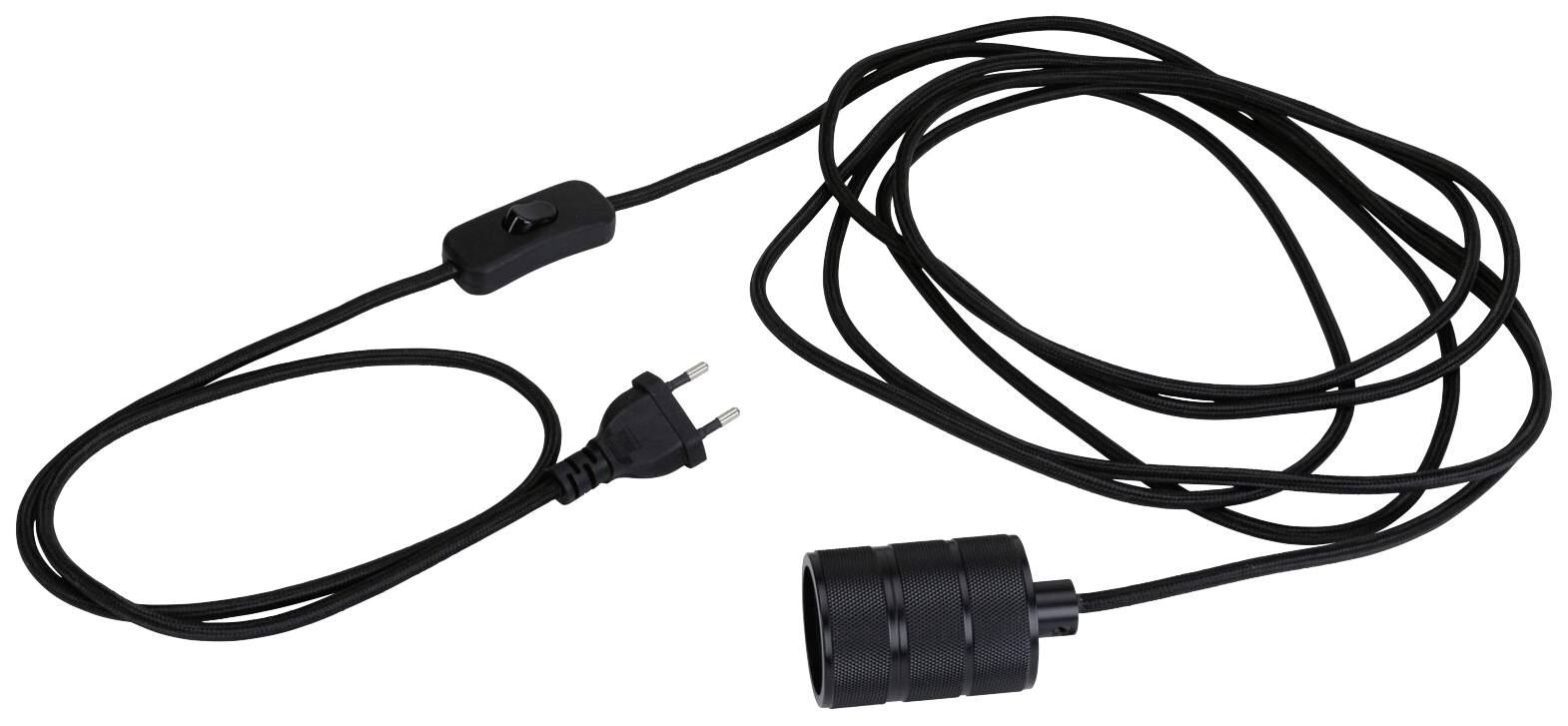 Schwarzes Verlängerungskabel mit Ein-/Ausschalter und Stecker, geeignet für den Anschluss einer Lampe oder eines elektrischen Geräts.