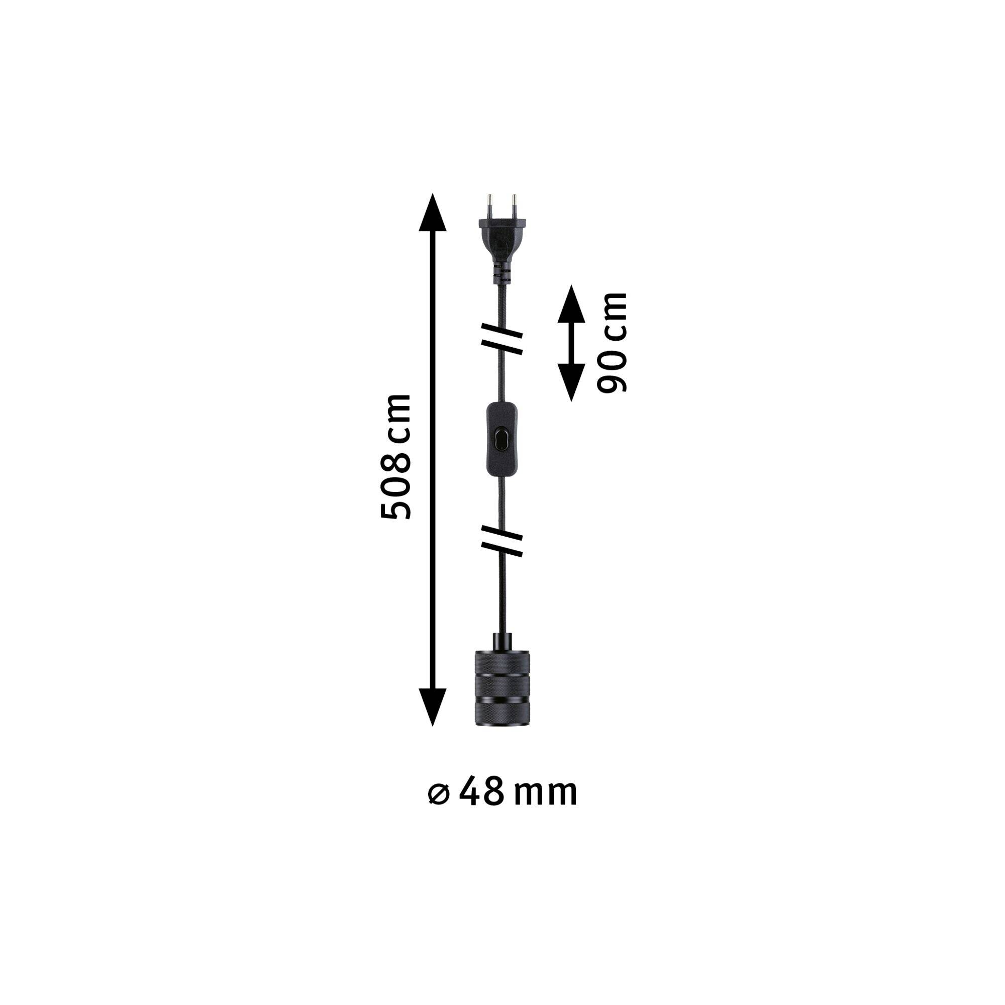 'Ein Stromkabel mit einer Gesamtlänge von 508 cm und einem Durchmesser von 48 mm. Der Abschnitt mit dem Schalter ist 90 cm lang.'