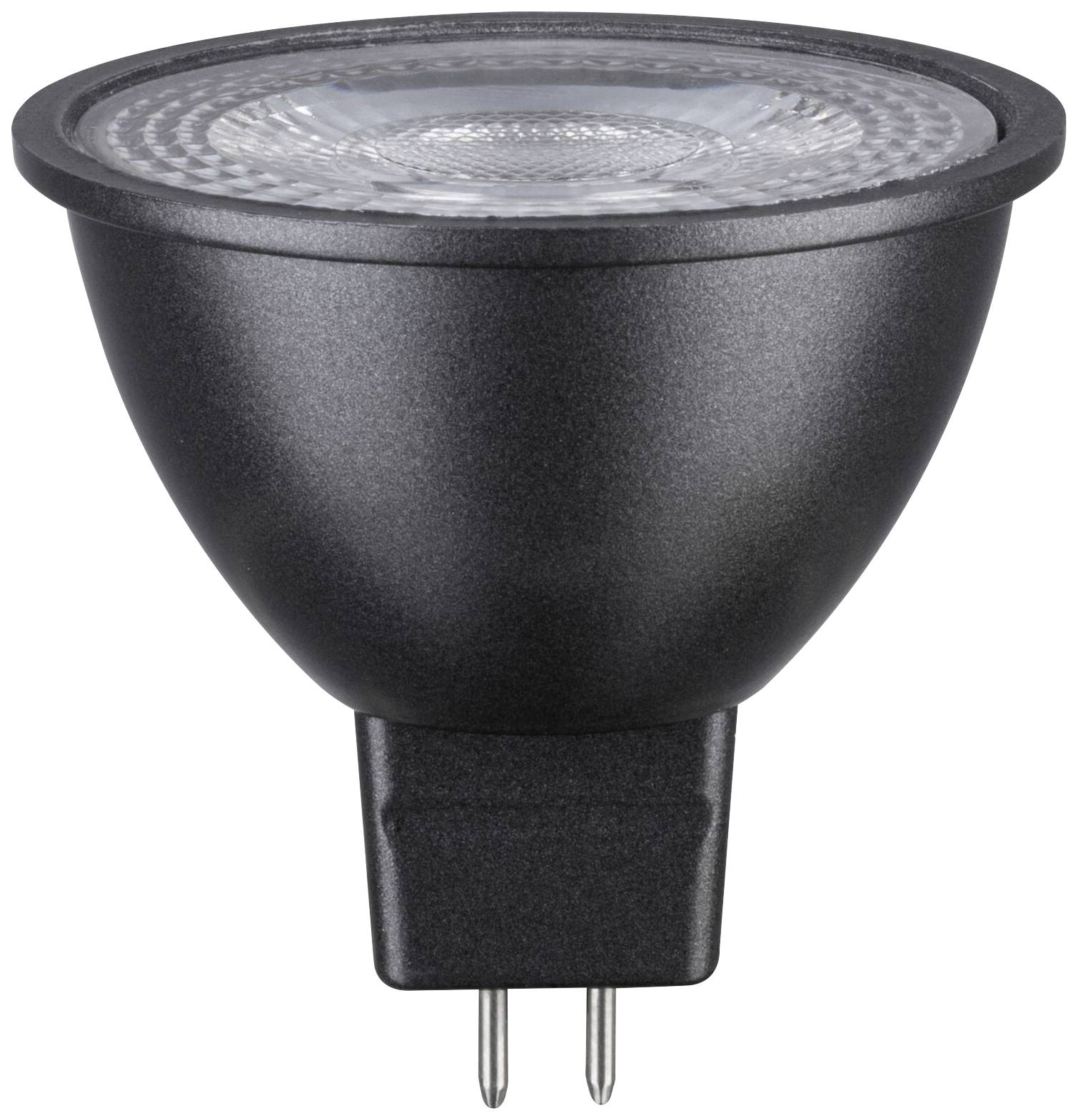 Eine schwarze LED-Spotlampe mit GU10-Fassung ist abgebildet. Sie dient zur energieeffizienten Beleuchtung und hat eine geriffelte Oberfläche.