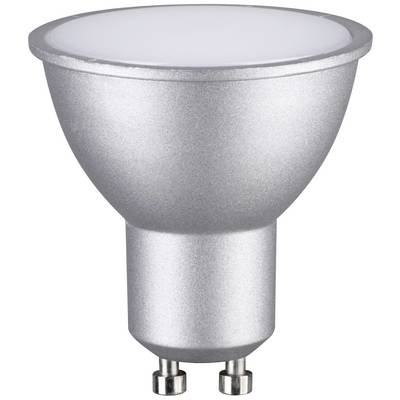 Eine silberne LED-Glühbirne mit GU10-Sockel, geeignet für Decken- und Spotleuchten. Energiesparend und langlebig.
