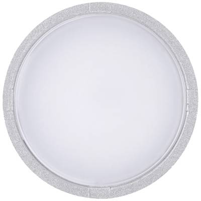 Runde LED-Deckenleuchte mit silbernem Rahmen, strahlt weißes Licht aus. Geeignet für Innenbeleuchtung.