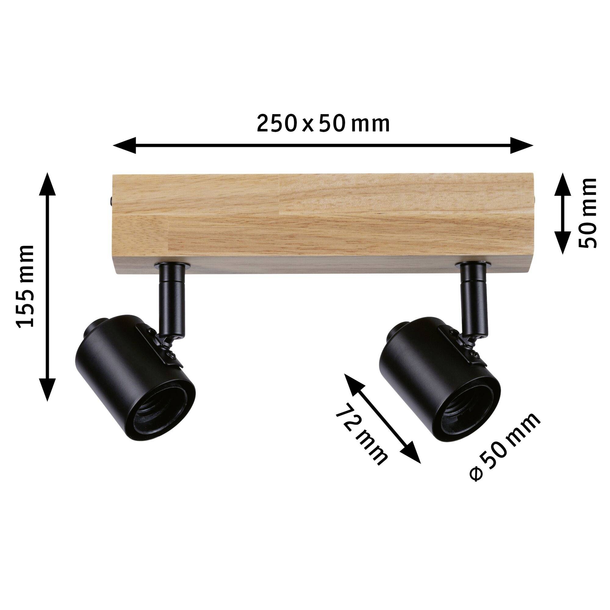 Zwei schwarze Strahler auf einem 250 x 50 mm Holzbalken. Die Strahler sind 72 mm lang und haben einen Durchmesser von 50 mm.