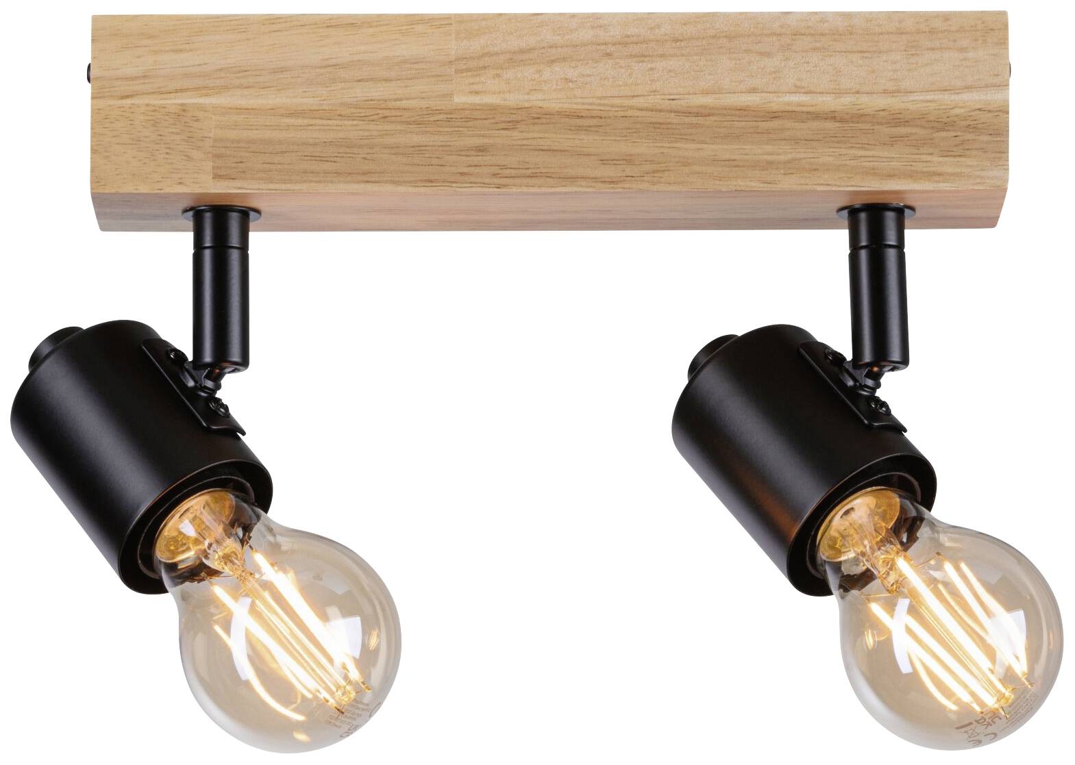 Deckenleuchte mit zwei schwarzen Lampenfassungen, befestigt an einem rechteckigen Holzsockel. Glühlampen sind leuchtend sichtbar.