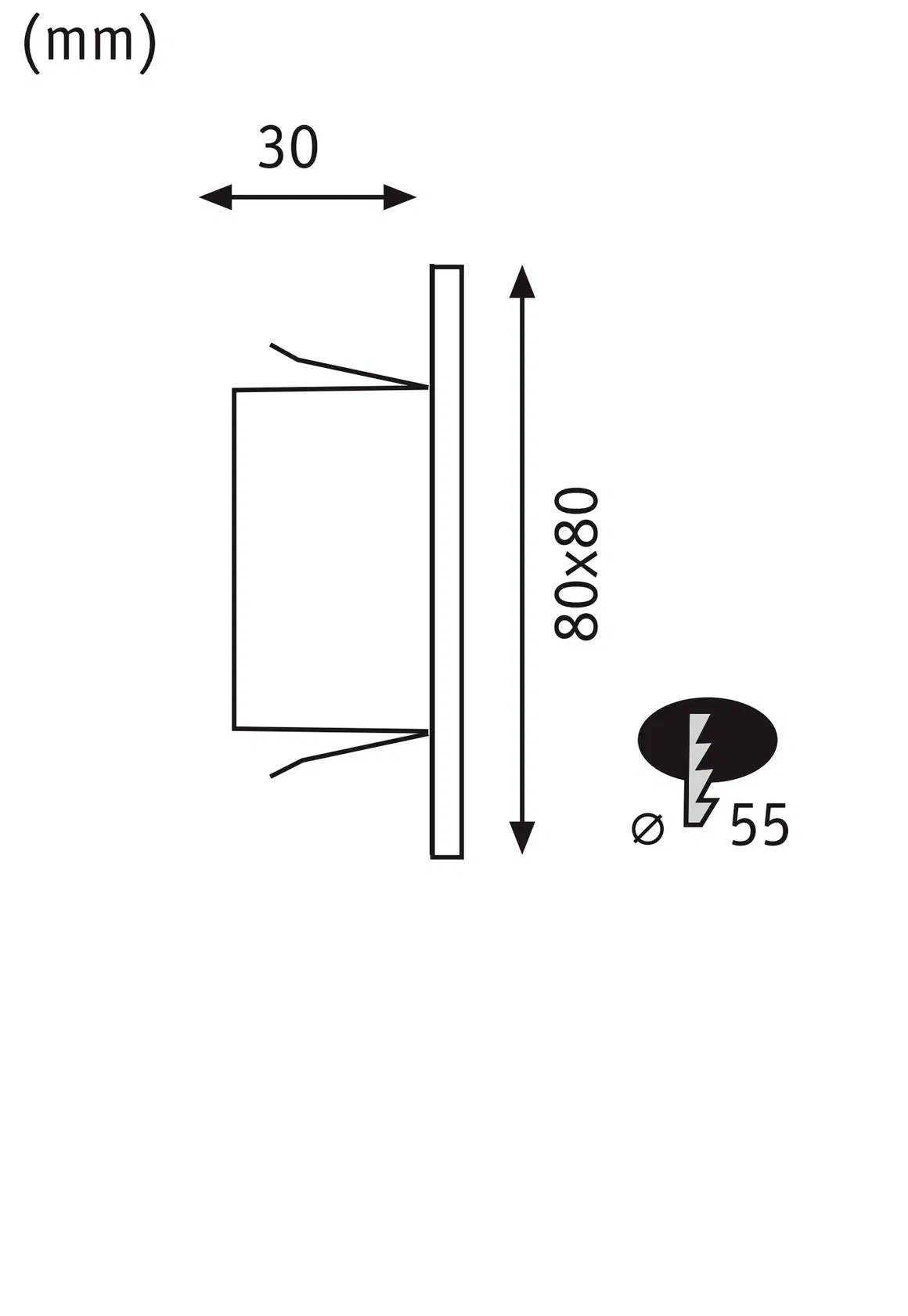 Technische Zeichnung einer rechteckigen Einbauleuchte mit den Maßen: Breite 80 mm, Tiefe 30 mm und Durchmesser für den Ausschnitt 55 mm.