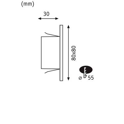Technische Zeichnung einer rechteckigen Einbauleuchte mit den Maßen: Breite 80 mm, Tiefe 30 mm und Durchmesser für den Ausschnitt 55 mm.